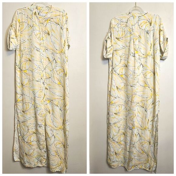 DVF +Onia Linen Yellow Floral Long Line Short Sleeve Button-up Dress Siz… - Picture 1 of 11